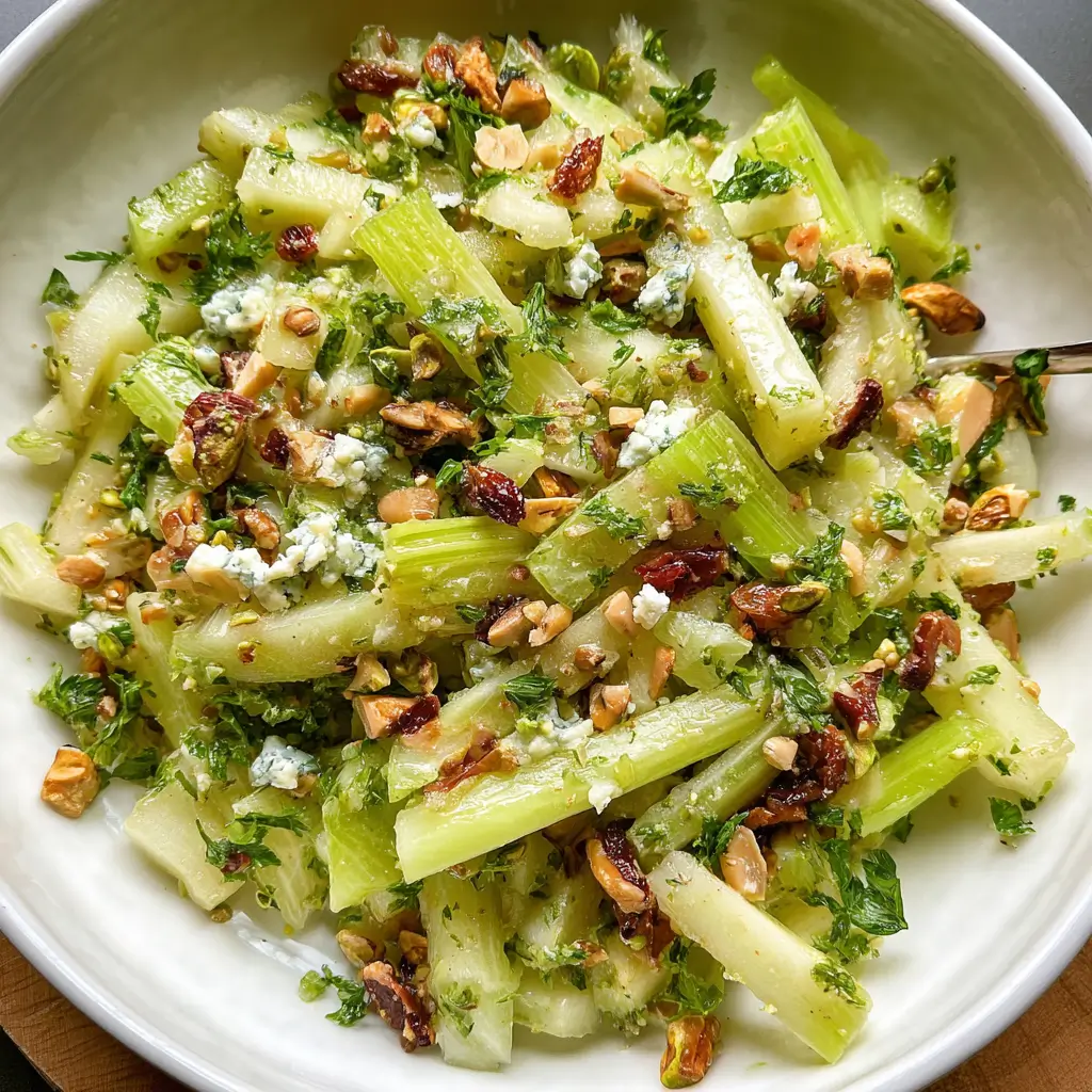 Celery Apple Pistachio Salad – Amazing Texture, 4-Star Flavor 5 Celery apple pistachio salad with blue cheese, parsley, and toasted nuts in lemon vinaigrette