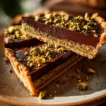 Chocolate pistachio tart with silky ganache and crushed pistachios on top