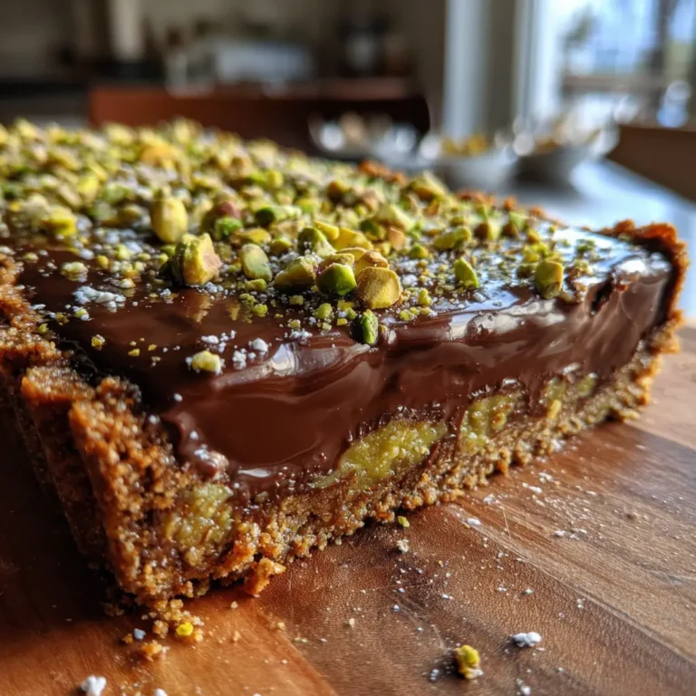 Chocolate pistachio desserts tart with glossy ganache and pistachio topping
