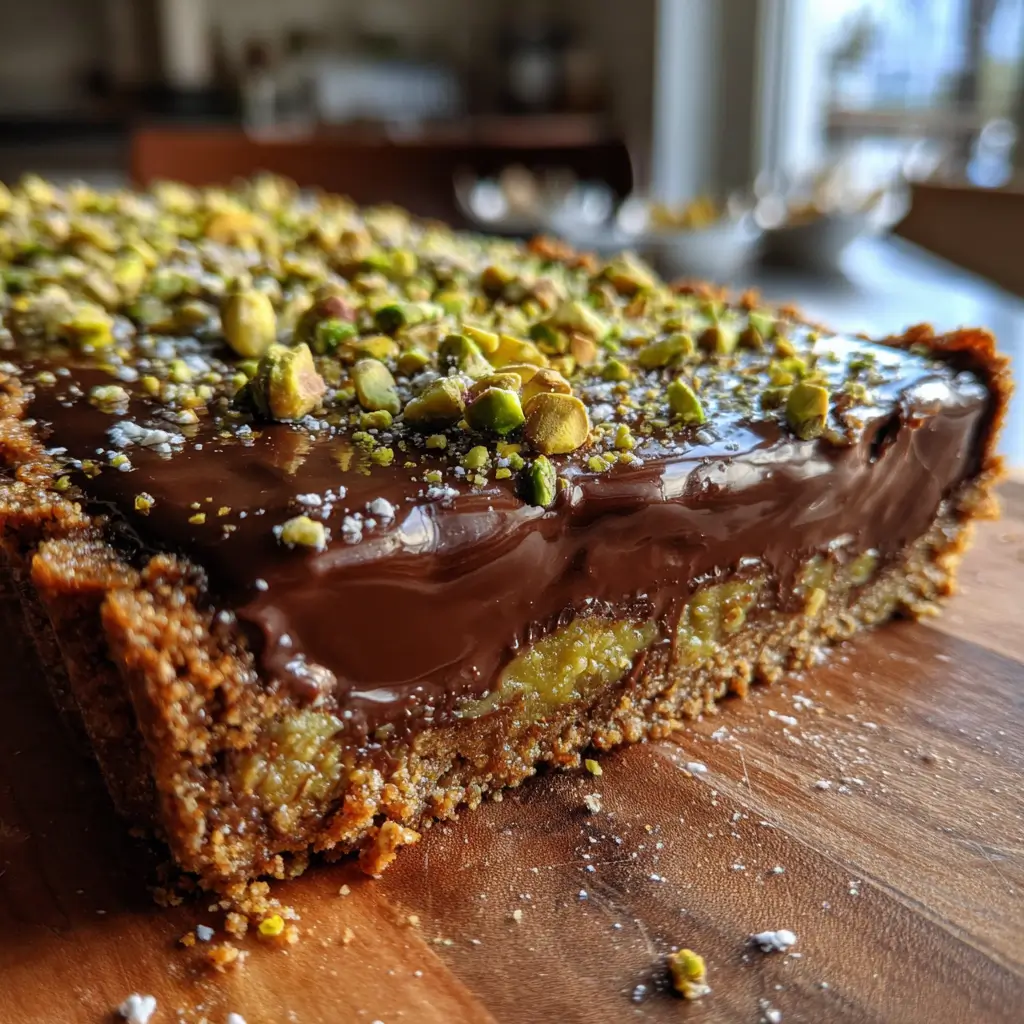 Chocolate pistachio desserts tart with glossy ganache and pistachio topping