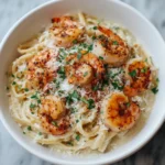 Homemade coconut shrimp alfredo with golden shrimp and creamy coconut sauce over fettuccine, styled in soft natural light