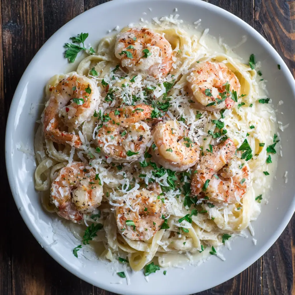 Creamy coconut shrimp alfredo with golden coconut-crusted shrimp over fettuccine pasta, topped with herbs and glossy Alfredo sauce