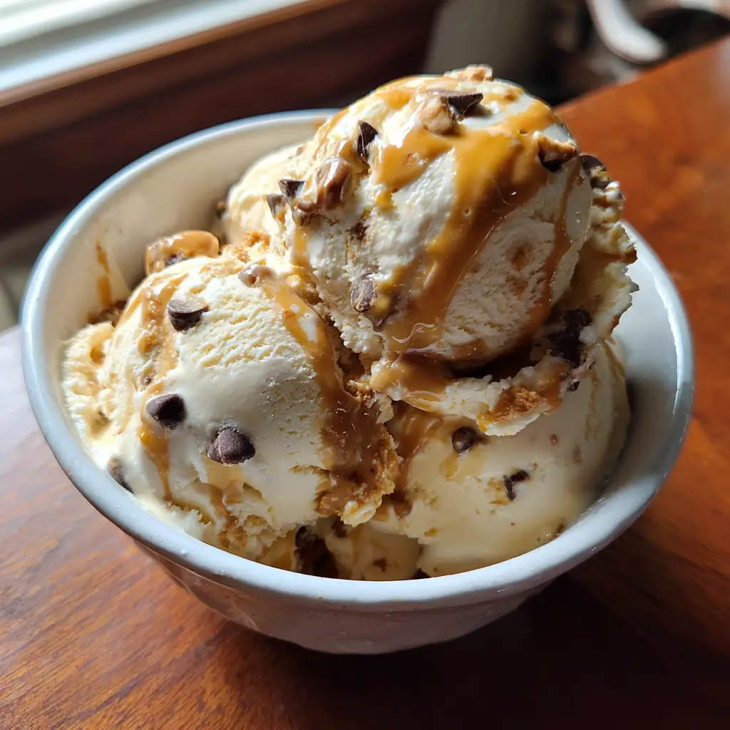 Cottage Cheese Ice Cream That Actually Tastes Amazing 5 Cottage cheese ice cream with honey, peanut butter, and chocolate chips in a bowl