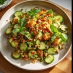 crispy rice salad with cucumber slices, mint leaves, peanuts, and chili crisp on a white plate