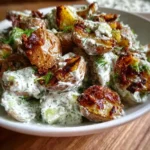 Crispy smashed potatoes coated in creamy dill yogurt dressing and roasted to perfection
