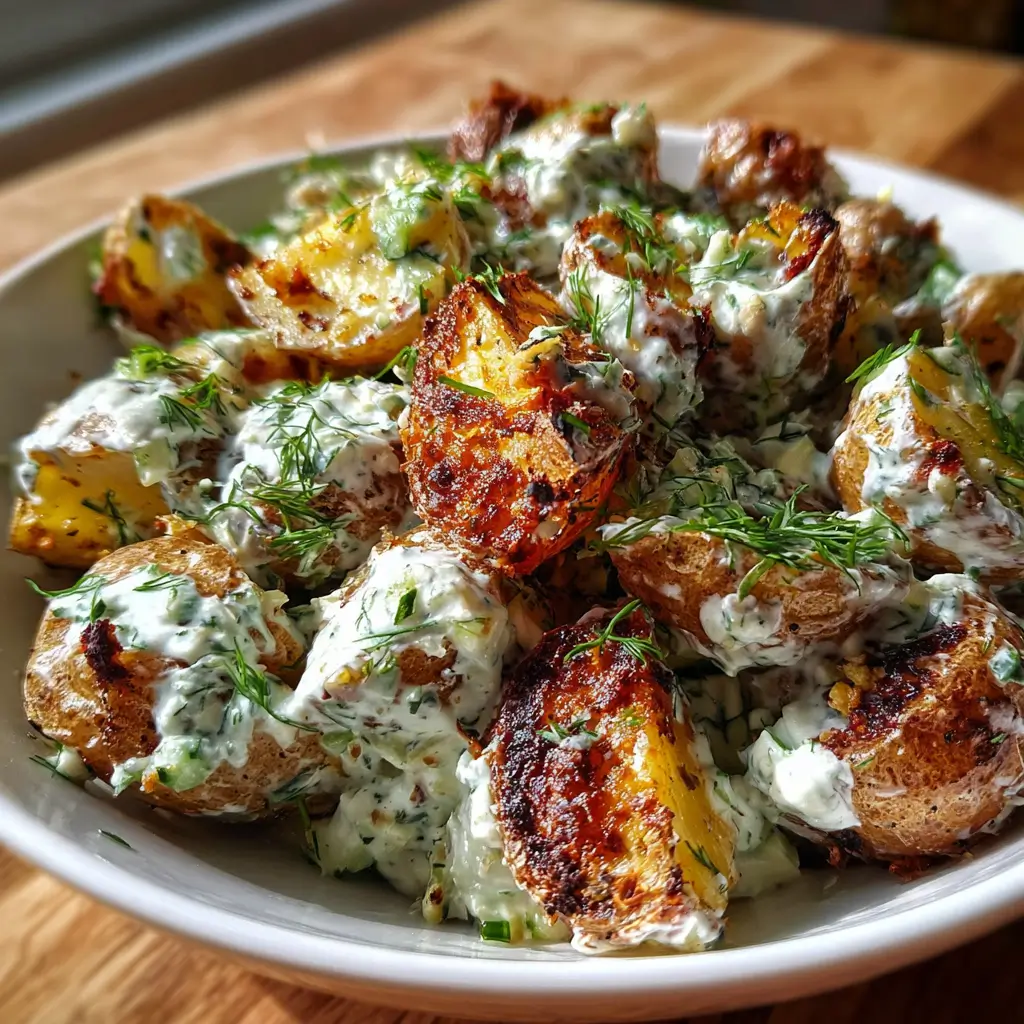 Crispy smashed potatoes with charred edges in creamy dill yogurt dressing