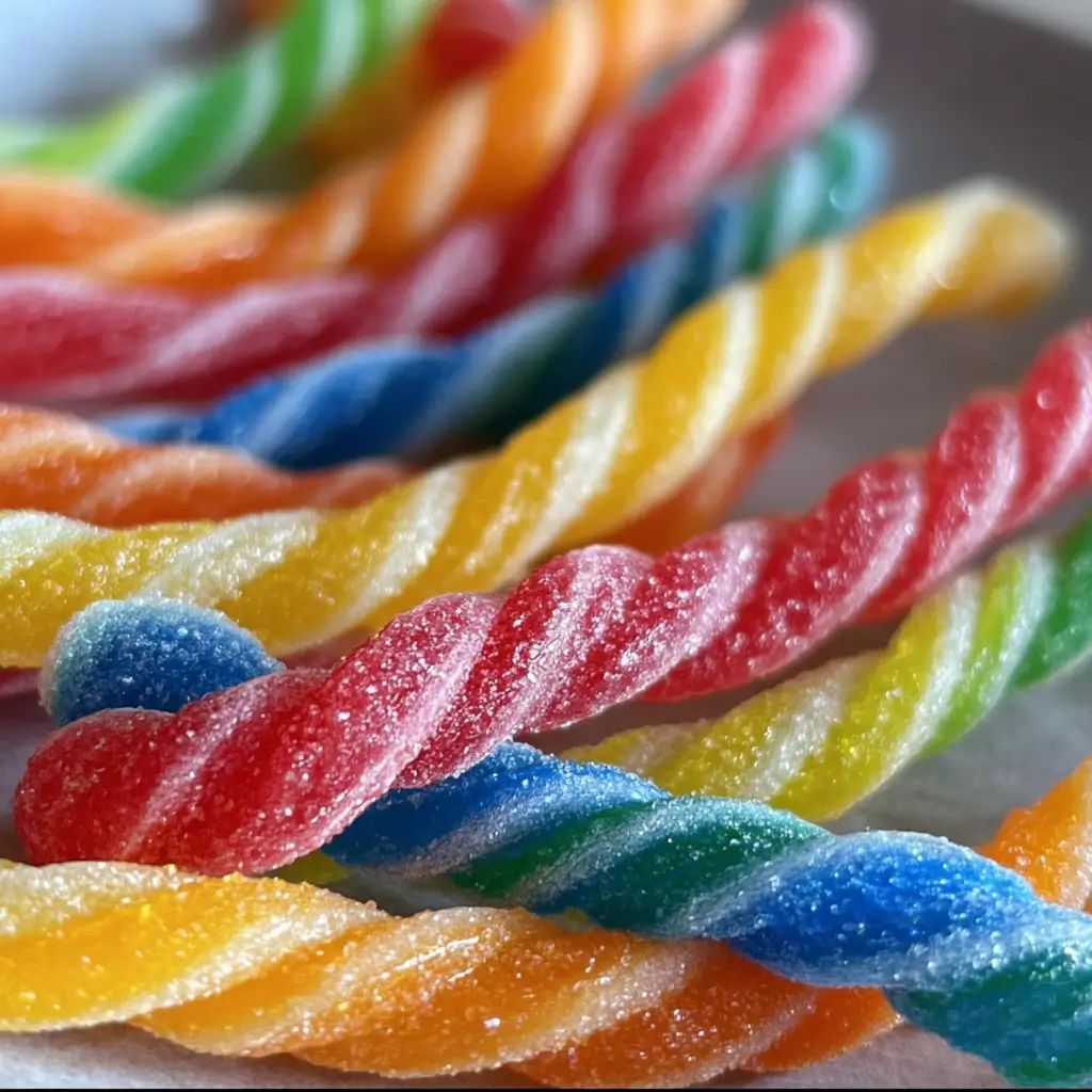 DIY Kool-Aid Candy Ropes on parchment with sugar-coated texture and vibrant colors