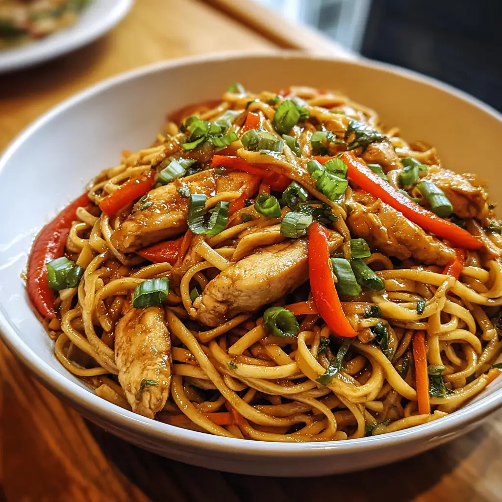 Garlic Chicken Lo Mein – The Ultimate Easy Weeknight Obsession 5 Garlic Chicken Lo Mein with noodles, vegetables, and scallions in white bowl