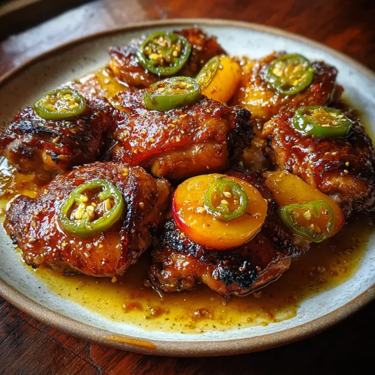 Jalapeño Peach Chicken with golden glaze, jalapeño slices, and peaches on a rustic plate