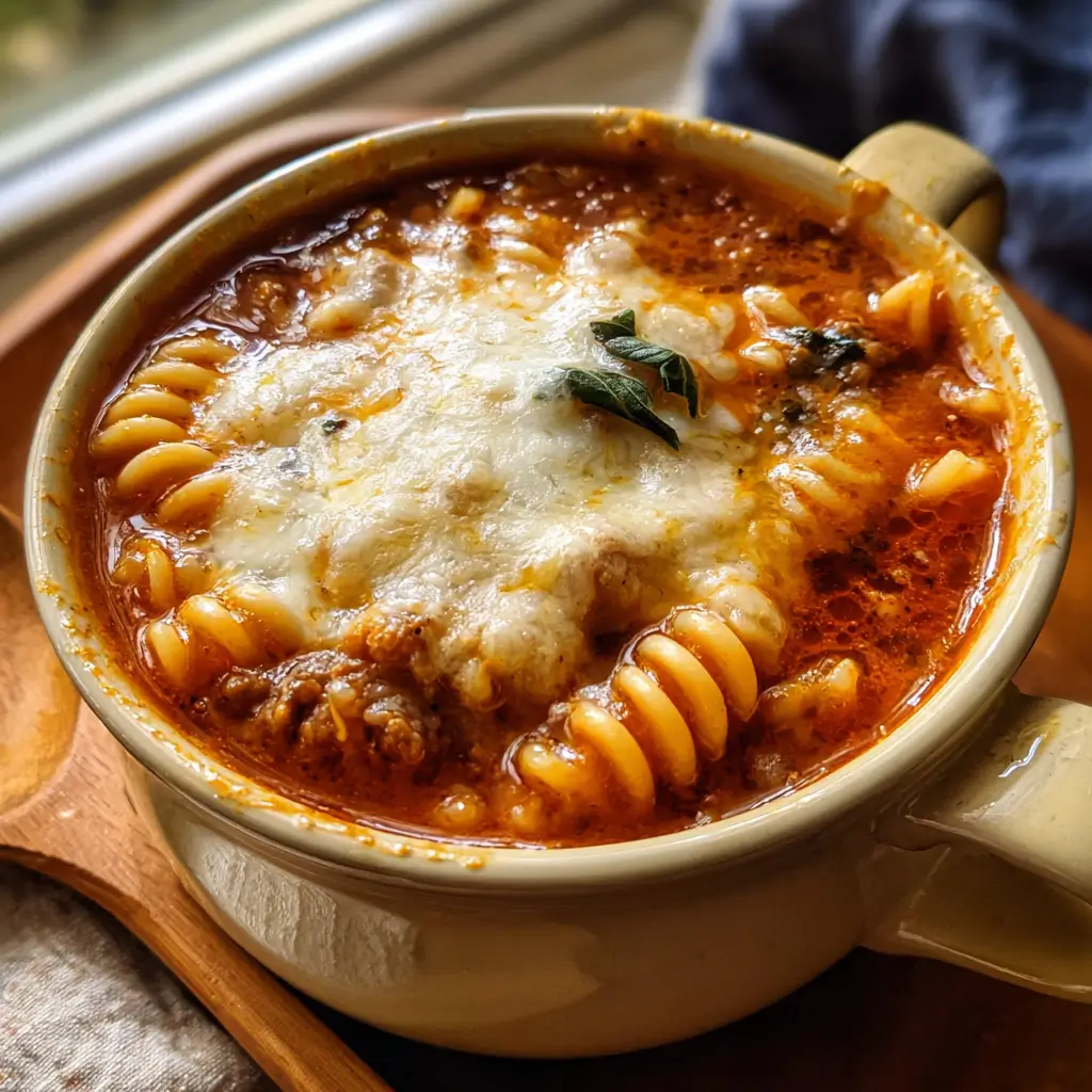 Lasagna Soup: The Coziest Twist on a Classic You’ll Crave Again and Again 4 Lasagna Soup in a ceramic bowl with bubbling cheese and fresh herbs
