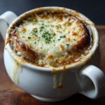 Bowl of lazy French onion soup with caramelized onions, Gruyère, and toasted bread