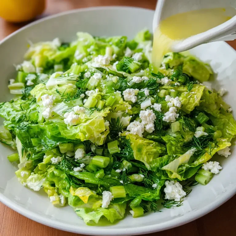 Maroulosalata Greek lettuce salad with feta and dill being dressed with lemon vinaigrette