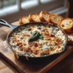 Baked Marry Me Dip in a skillet with melted cheese, spinach, and sun-dried tomatoes