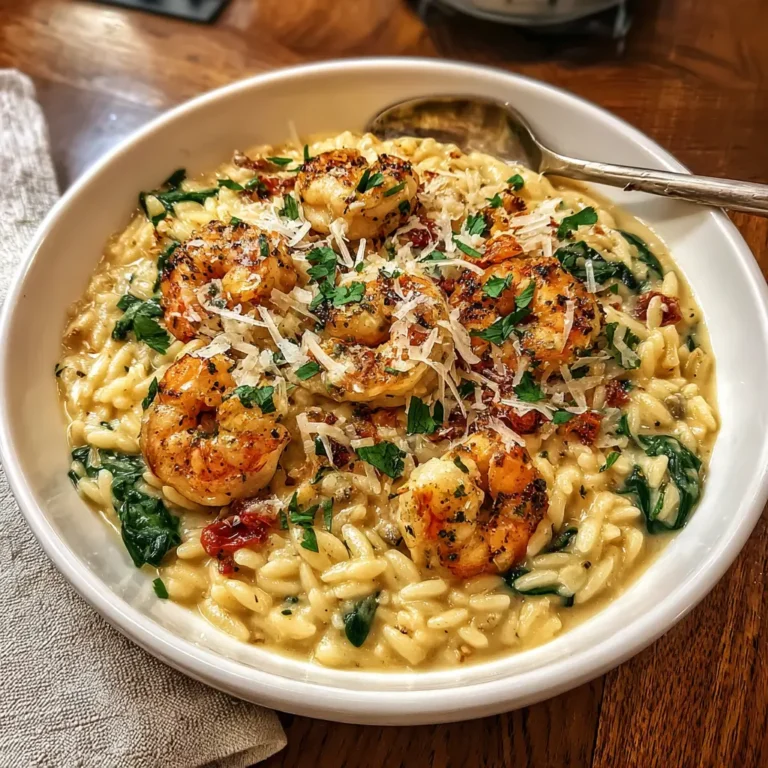Marry Me Shrimp Orzo in a bowl with creamy orzo, sun-dried tomatoes, and seared shrimp