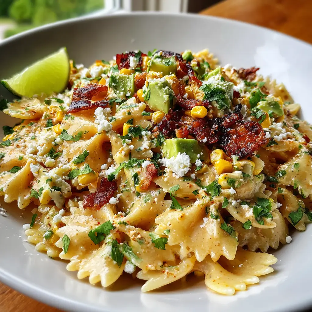 Mexican Street Corn Pasta Salad | Easy 30-Minute Crowd Favorite 5 Mexican Street Corn Pasta Salad served with avocado, crispy bacon, and lime in a white bowl
