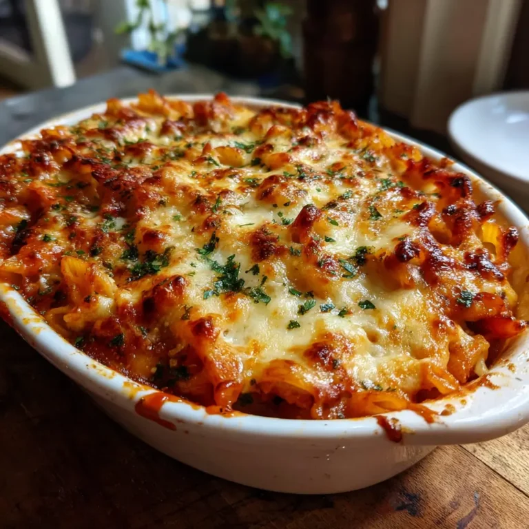 Baked minestrone casserole with melted cheese, vegetables, and herbs in a rustic white dish