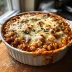 Hearty minestrone casserole baked with mozzarella, vegetables, and tomato sauce in a rustic white dish
