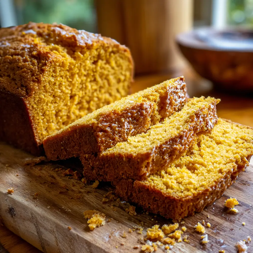 Pumpkin Bread Recipe – Rich, Spiced & Easy | 5-Star Favorite Bake 5 Freshly sliced pumpkin bread with golden crumb on wooden board