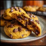 Pumpkin Chocolate Chip Cookies – 7 Soft & Gooey Secrets You’ll Love 7 Pumpkin chocolate chip cookie broken open on top of stacked cookies, showing gooey center