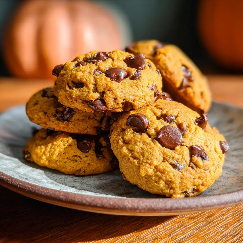 Pumpkin Chocolate Chip Cookies – 7 Soft & Gooey Secrets You’ll Love 5 Stack of pumpkin chocolate chip cookies on a ceramic plate with visible chocolate chips