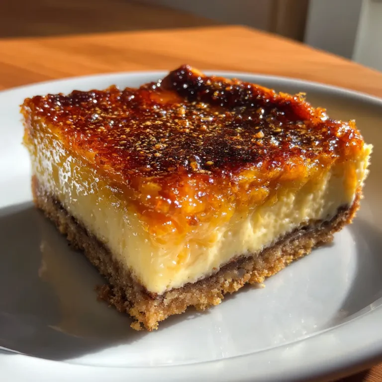 Close-up of Pumpkin Crème Brûlée Cheesecake Bar with glossy caramelized sugar top and chocolate graham cracker crust