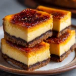 Pumpkin Crème Brûlée Cheesecake Bars with caramelized sugar topping on chocolate-lined graham crust