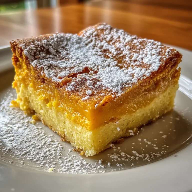 Slice of pumpkin gooey butter cake with powdered sugar on top