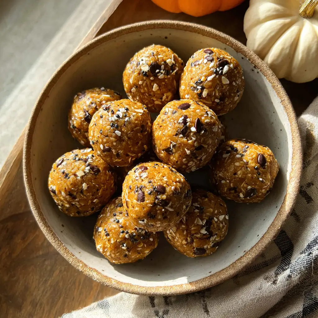 Top view of pumpkin pie energy balls in a rustic bowl with chia seeds and oats
