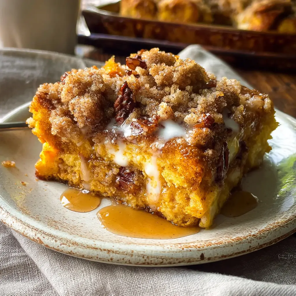 5-Star Pumpkin Pie French Toast Bake People Rave About 5 Slice of Pumpkin Pie French Toast Bake with cinnamon crumble and maple syrup drizzle
