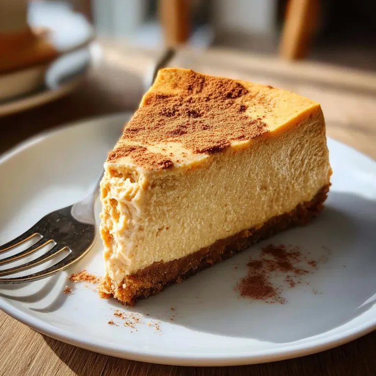 Bitten slice of pumpkin protein cheesecake on a white plate with cinnamon and fork