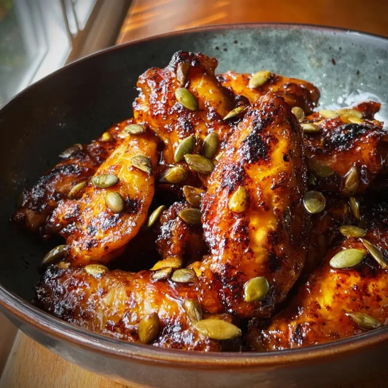 Glazed pumpkin spice chicken wings with char marks and pumpkin seeds in a ceramic bowl near a window