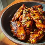 Close-up of sticky pumpkin spice chicken wings in a ceramic bowl topped with roasted pumpkin seeds