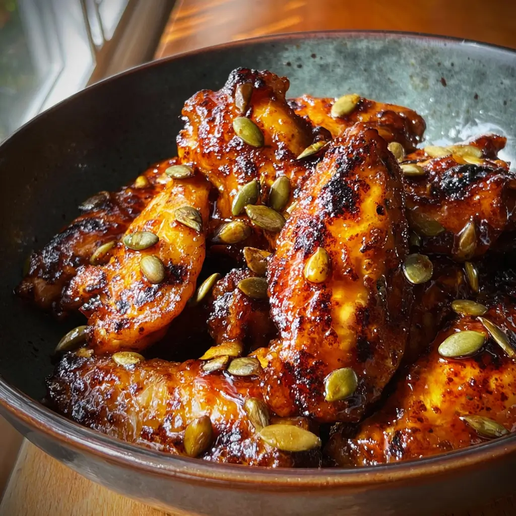 Glazed pumpkin spice chicken wings with char marks and pumpkin seeds in a ceramic bowl near a window