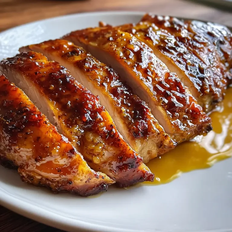 Close-up of sliced pumpkin spice glazed turkey breast with caramelized glaze and golden sauce