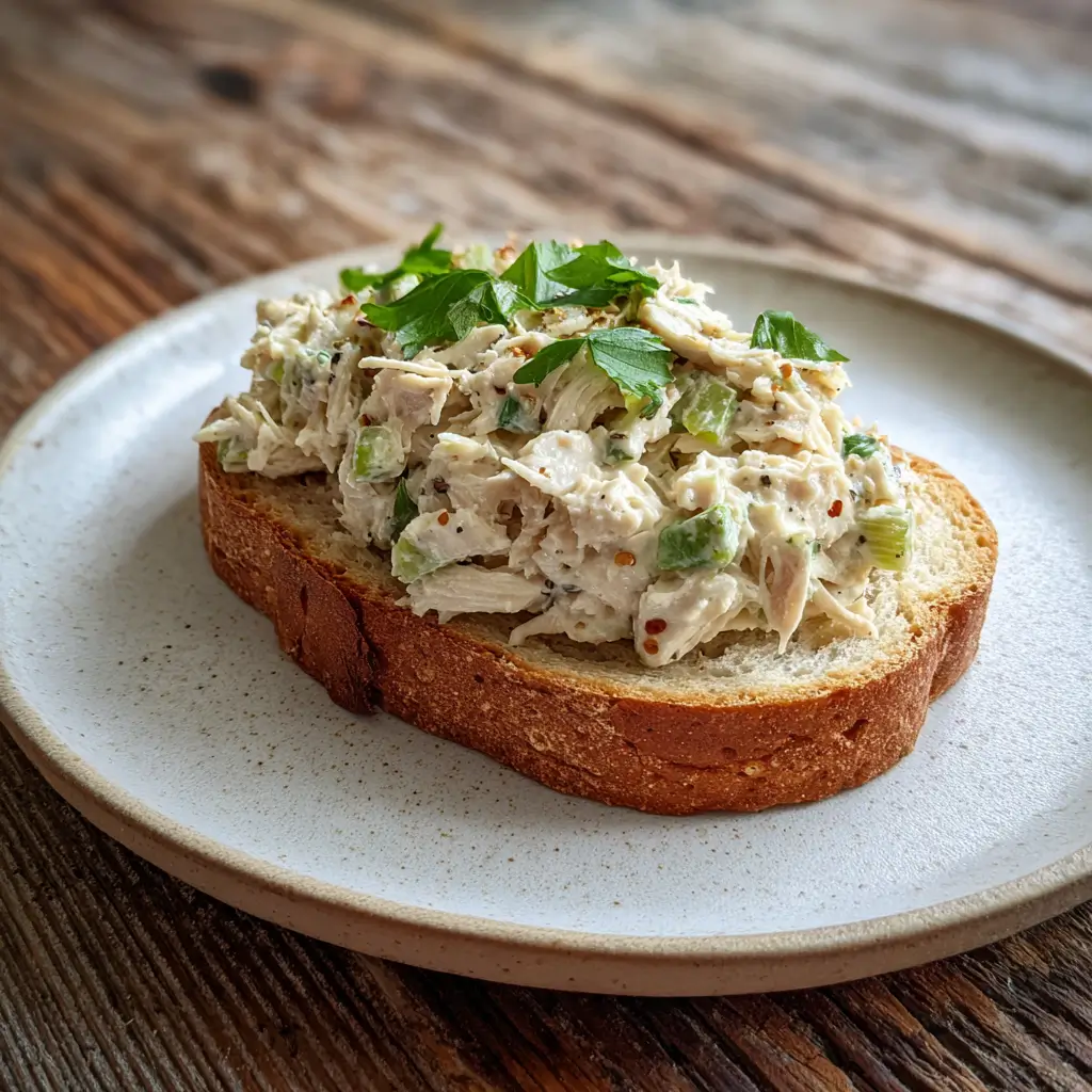 Round Swamp Farm Chicken Salad with fresh parsley on toasted bread