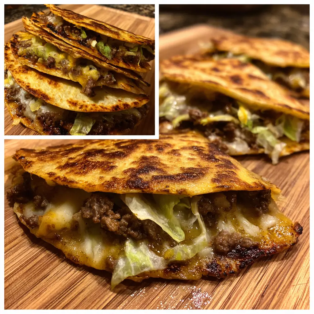 Smash Burger Tacos – 5-Minute Recipe with a Crispy Surprise 4 Smash burger tacos with crispy beef edges, melted cheese, and golden tortillas stacked on a wooden board
