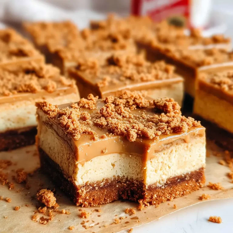 Speculoos Cookie Butter Desserts Cheesecake Bars with glossy topping and crumbled cookies