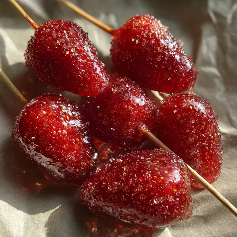 Strawberry Tanghulu with glossy sugar coating on skewers