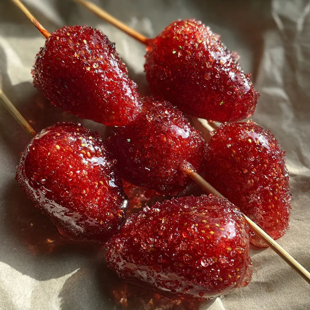 Strawberry Tanghulu with glossy sugar coating on skewers