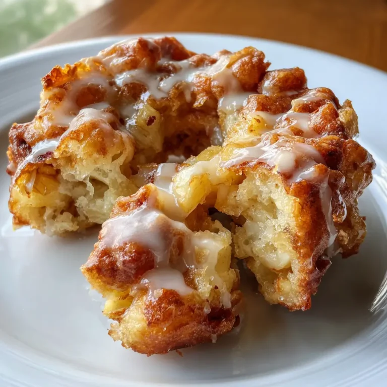 Close-up of glazed Air Fryer Apple Fritter broken open on a white plate