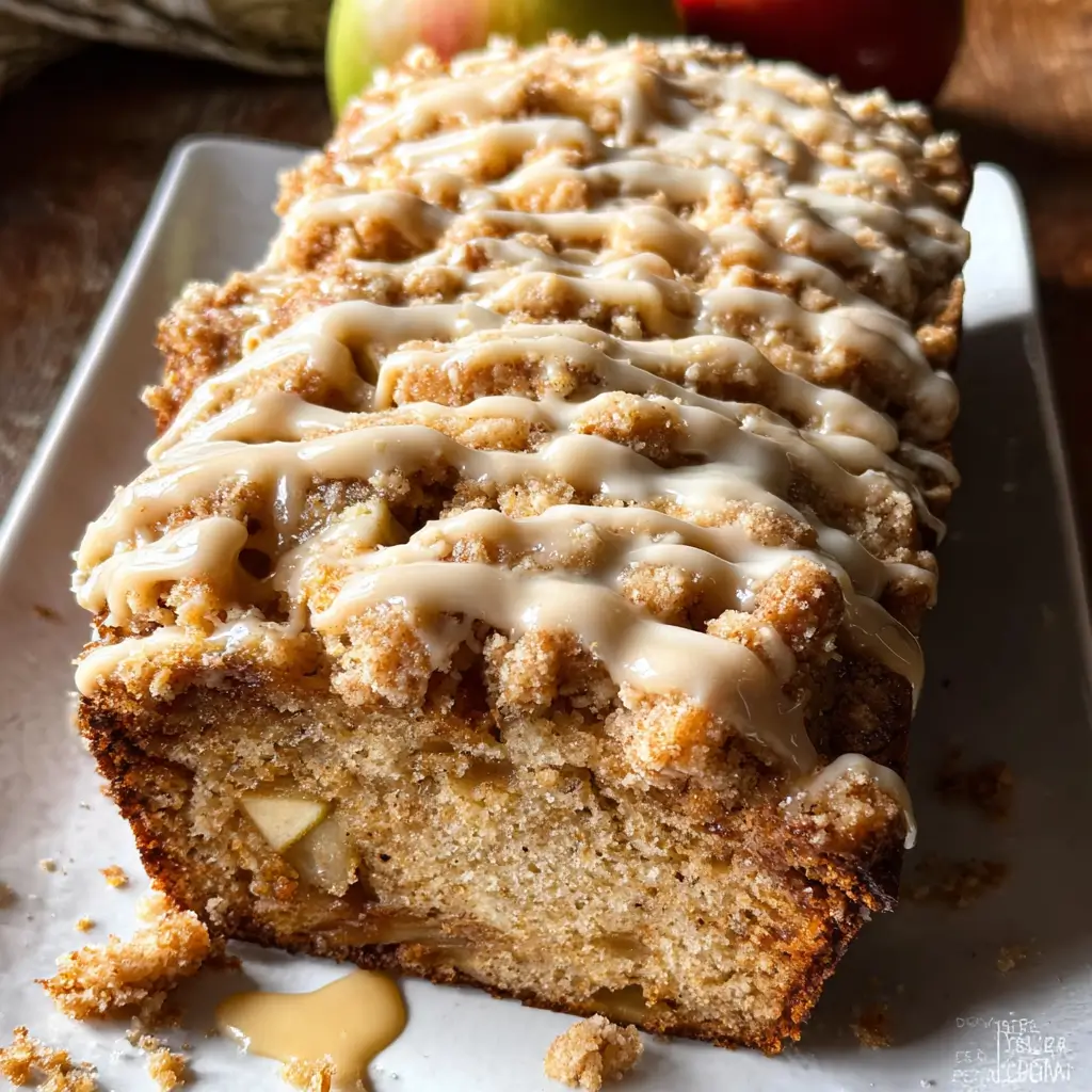 Apple Crumb Bread Recipe | 1 Bakery-Style Treat You’ll Love 5 Moist apple crumb bread topped with buttery cinnamon streusel and maple glaze, close-up slice showing baked apple chunks