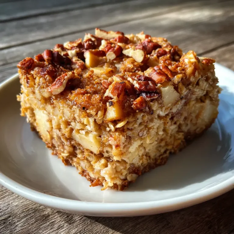 Close-up of apple pie baked oats square with pecans on top