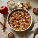 Overhead view of round dish of apple pie baked oats with pecans and apples