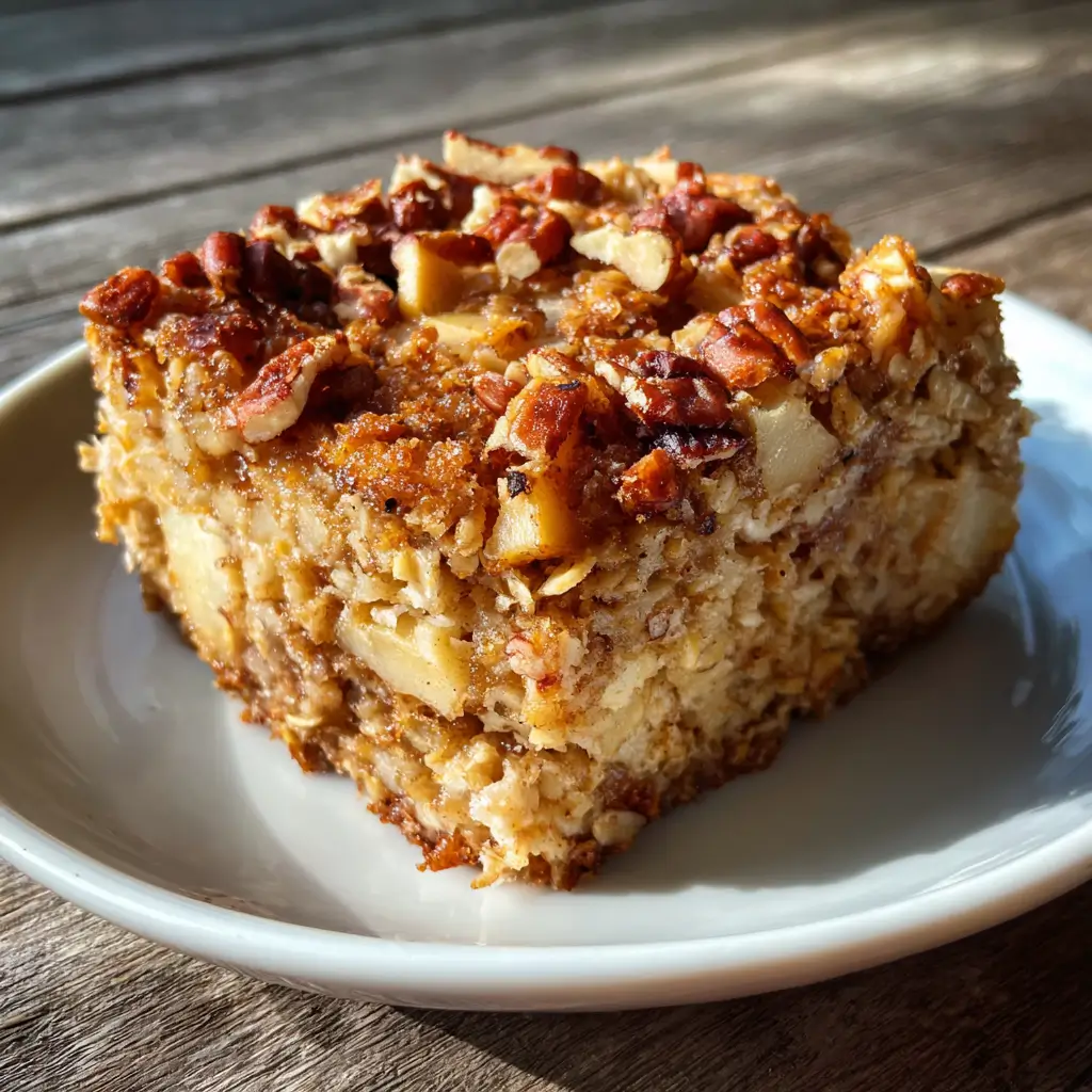 Close-up of apple pie baked oats square with pecans on top