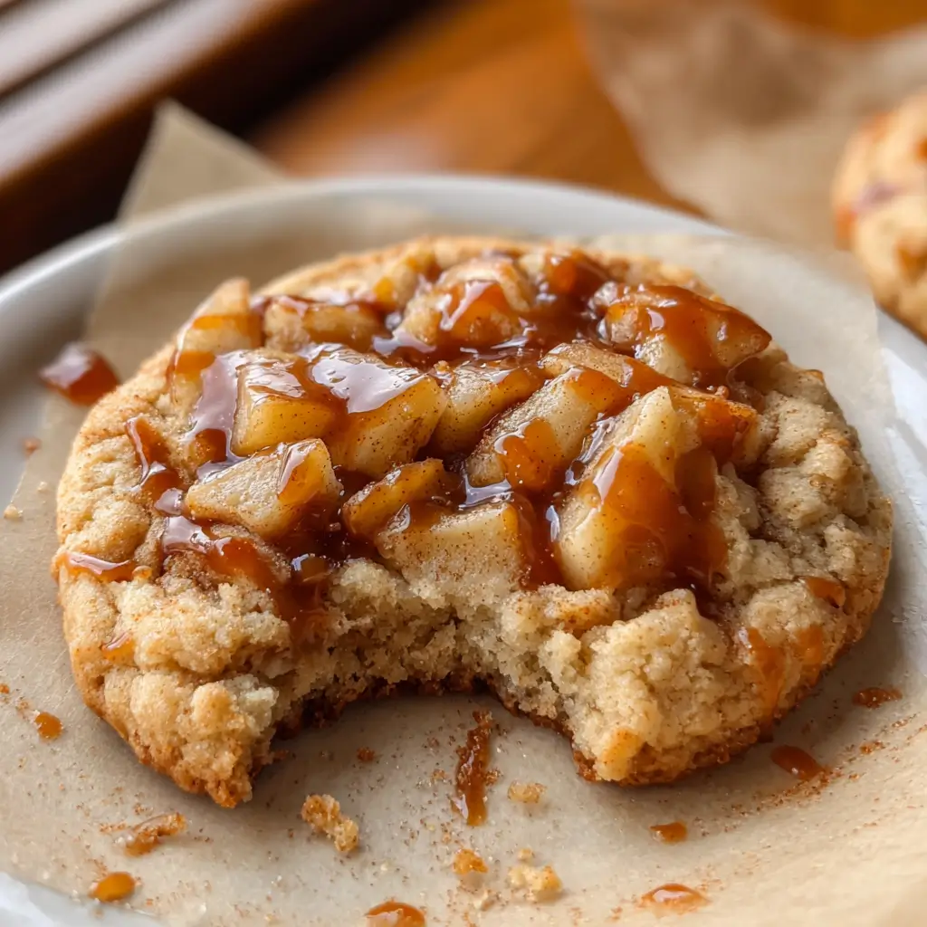 Apple Pie Cookies – Irresistible Homemade Comfort In 6 Easy Steps 5 Apple Pie Cookies with cinnamon-spiced apple topping and caramel drizzle, partially eaten
