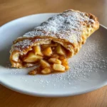 Apple pie egg roll with caramelized cinnamon apple filling spilling out onto a white plate, dusted with powdered sugar