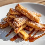 Apple Pie Fries stacked on a white plate with powdered sugar and caramel drizzle