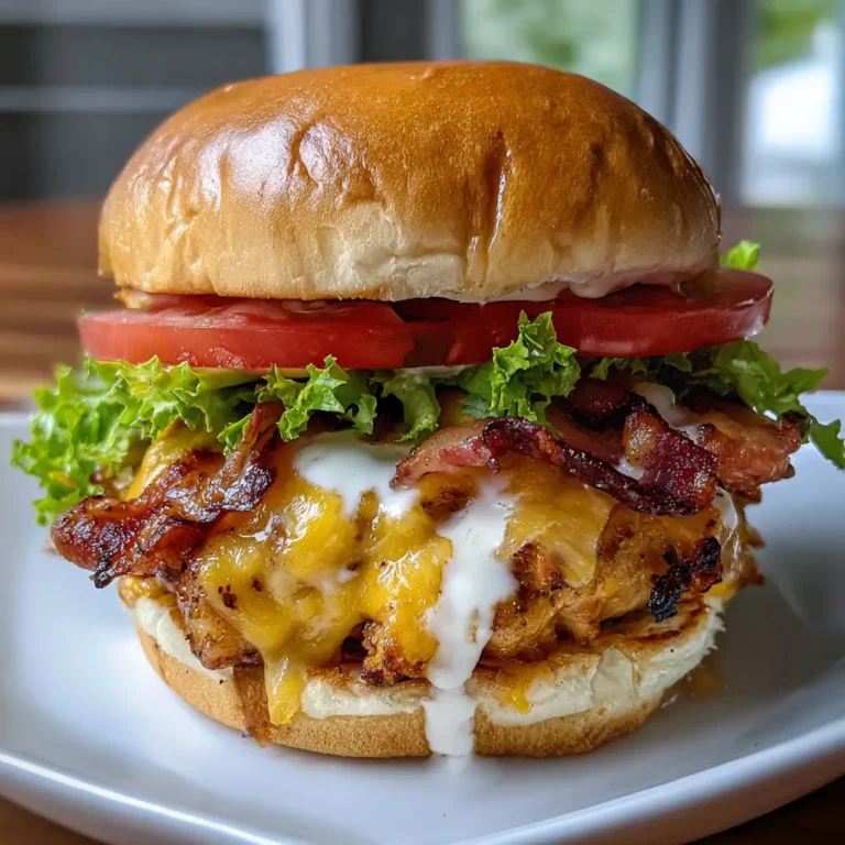 Cheddar Ranch Chicken Burgers with melted cheddar, crispy turkey bacon, lettuce, and tomato on a toasted bun