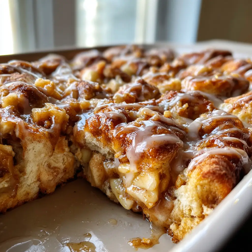 Cinnamon Roll Apple Pie Bake – 2 Ingredients, Amazing Treat 5 Cinnamon roll apple pie bake in a white dish with gooey apple filling and vanilla glaze dripping over golden cinnamon rolls