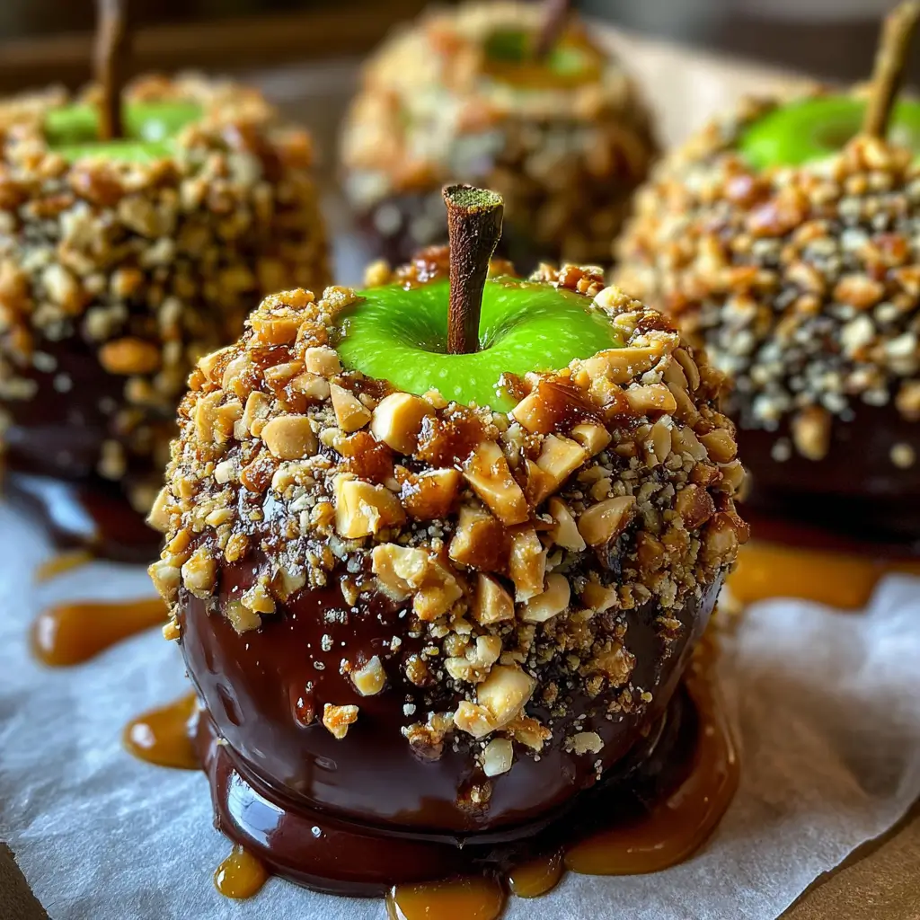 Date Caramel Apple – Sweet, Guilt-Free Indulgence You’ll Love 5 Date Caramel Apple with dark chocolate coating and chopped peanuts on parchment paper with caramel drips